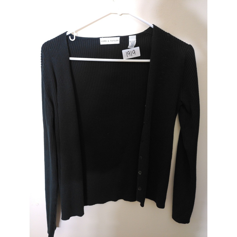 Lord & Taylor Cardigan Women XS Black Ribbed V-Neck Button Front Minimalist